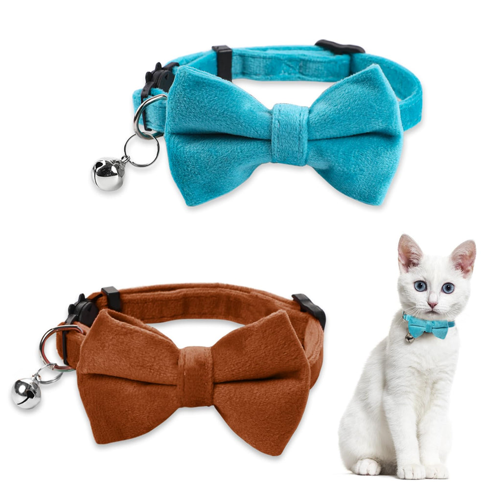 Sliverdew 2 Pcs Adjustable Cat Collar with Bell Kitten Bow Tie Collar Velvet Puppy Collar Breakaway Cat Collars Cute Costume Accessories Safety Buckle for Small Pets