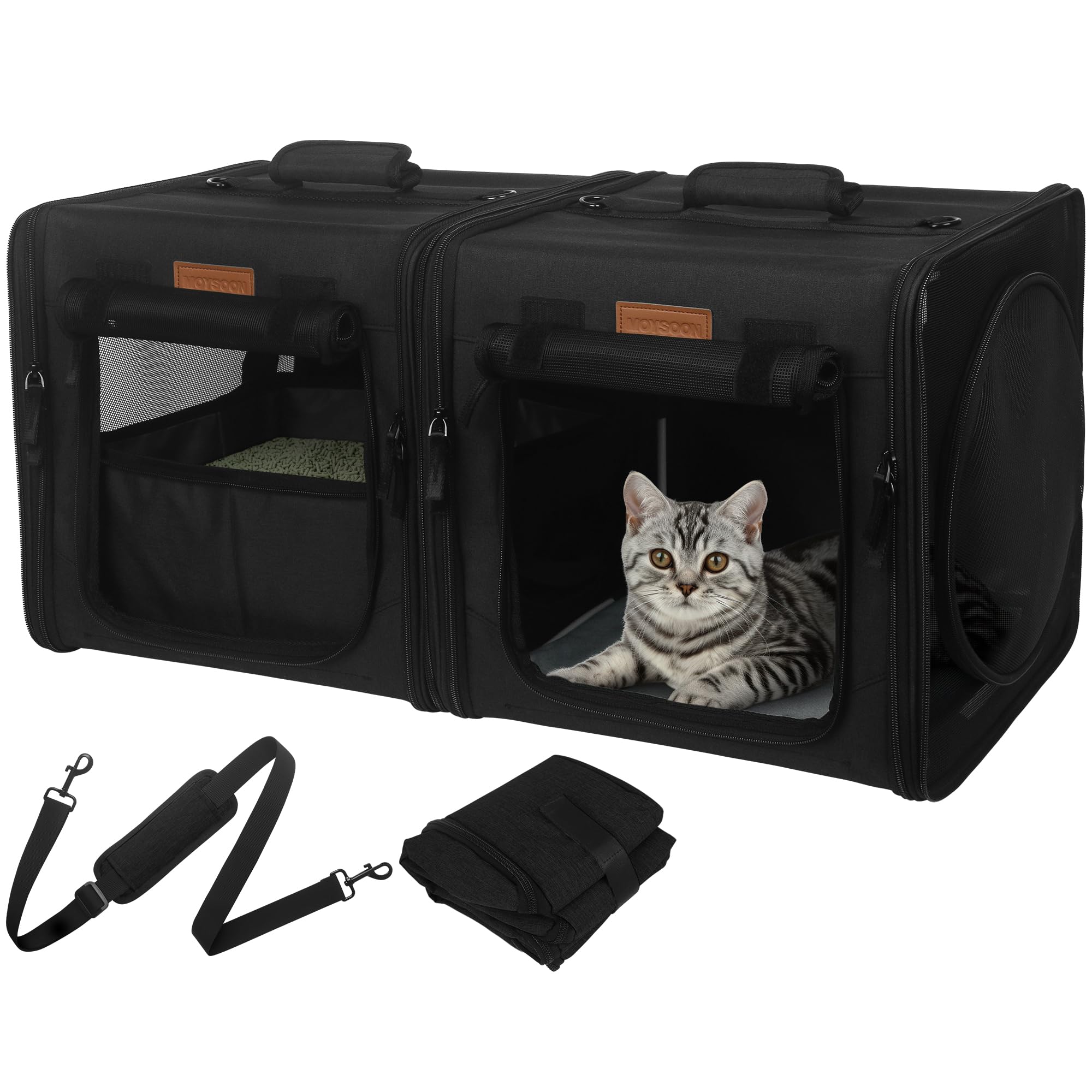 PETUX Small Cat Travel Carrier with Little Box Portable Twin Compartment Show House Cat Cage Small Cat Carrier for 2 Cats Cat Carrier Soft with Flannel Mat Hammock Protable Tote (Black)