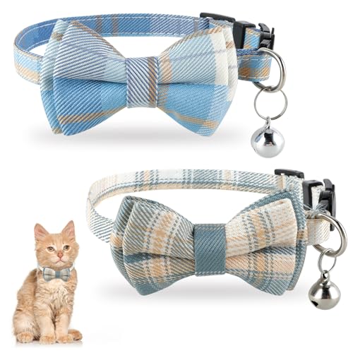 Jeffdad 2Pcs Cat Collar Breakaway Cat Collar with Bells Bowtie Plaid Cat Collar Adjustable for Kitten Puppy and Small Pets (Blue and White Plaid)