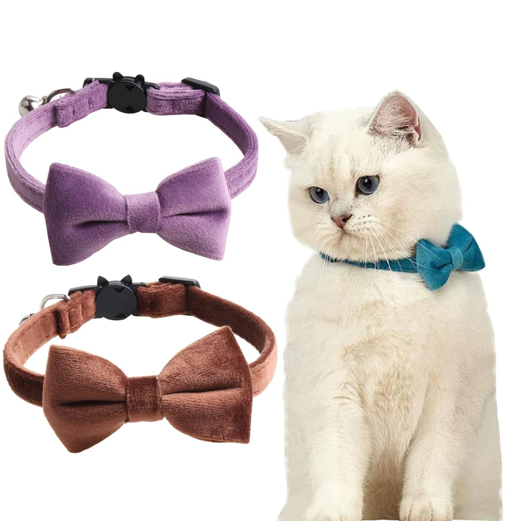 2 Pack Breakaway Cat Collars with Bell and Bowtie Comfortable Velvet Cat Collar with Cute Safety Buckle Adjustable Pet Collar for Kitty Kitten Puppy Neck Accessories for Daily Wearing Kitten