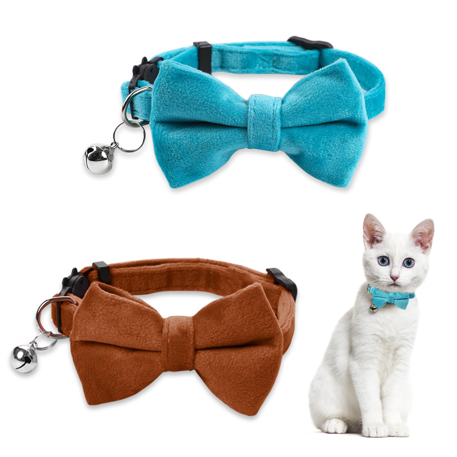 Sliverdew 2 Pcs Adjustable Cat Collar with Bell Kitten Bow Tie Collar Velvet Puppy Collar Breakaway Cat Collars Cute Costume Accessories Safety Buckle for Small Pets