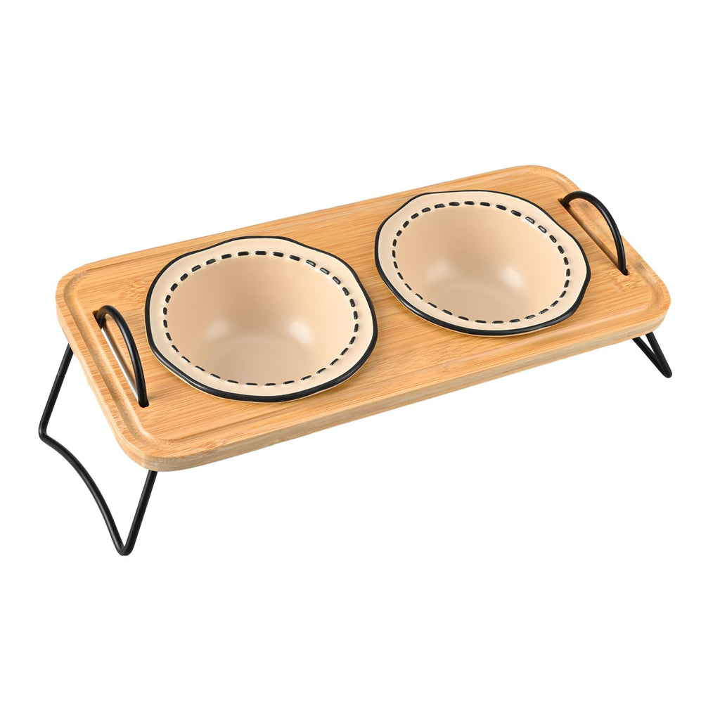 SPUNKYJUNKY Ceramic Raised Cat Bowl Tilted Cat Dish Elevated Cat Food and Water Bowl with Wooden Stand Cute Style Cat Feeding Station(Dusty Pink8OZ*2)