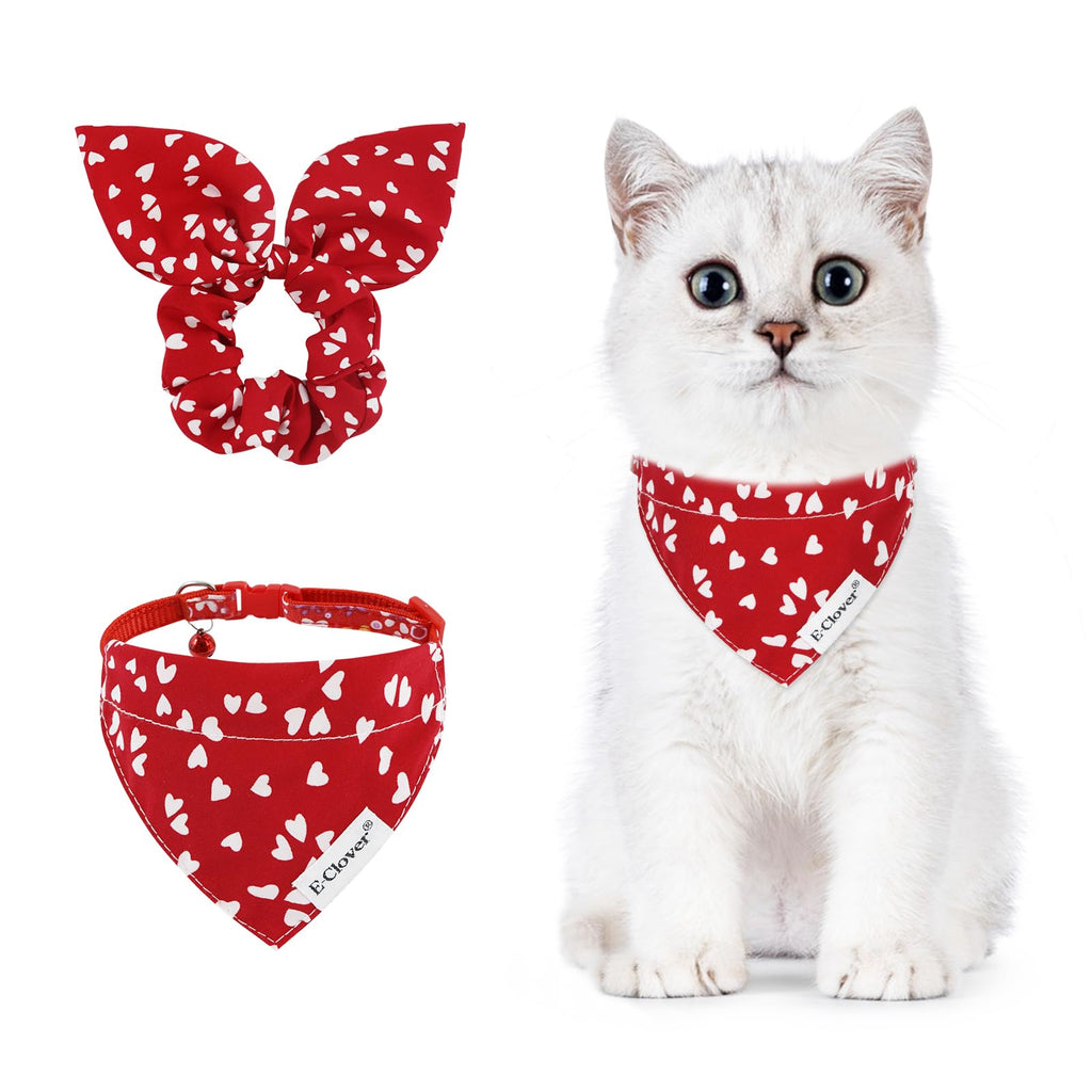 E-Clover Cat Collar-Heart Cat Bandana & Matching Scrunchie Girl Pet Bibs Accessories Collars for Kitten Kitty Owner Red