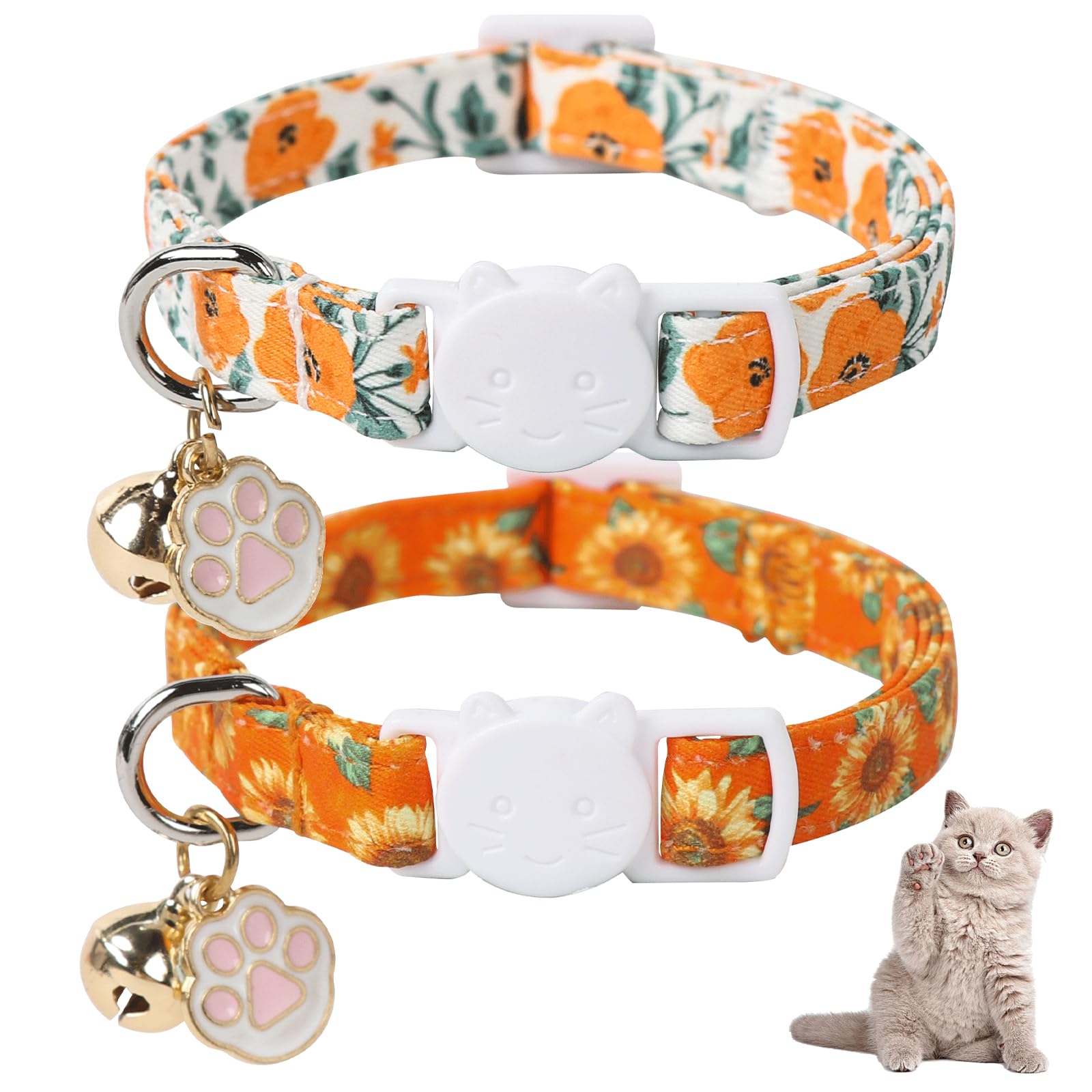 Unique Style Paws Fall Kitten Collar2 Pack Orange Cat Collar with Sunflower PatternBreakaway Cat Collar with BellCute Paw PendantIdeal Gift for Boy Girl CatsPet Supplies Accessories