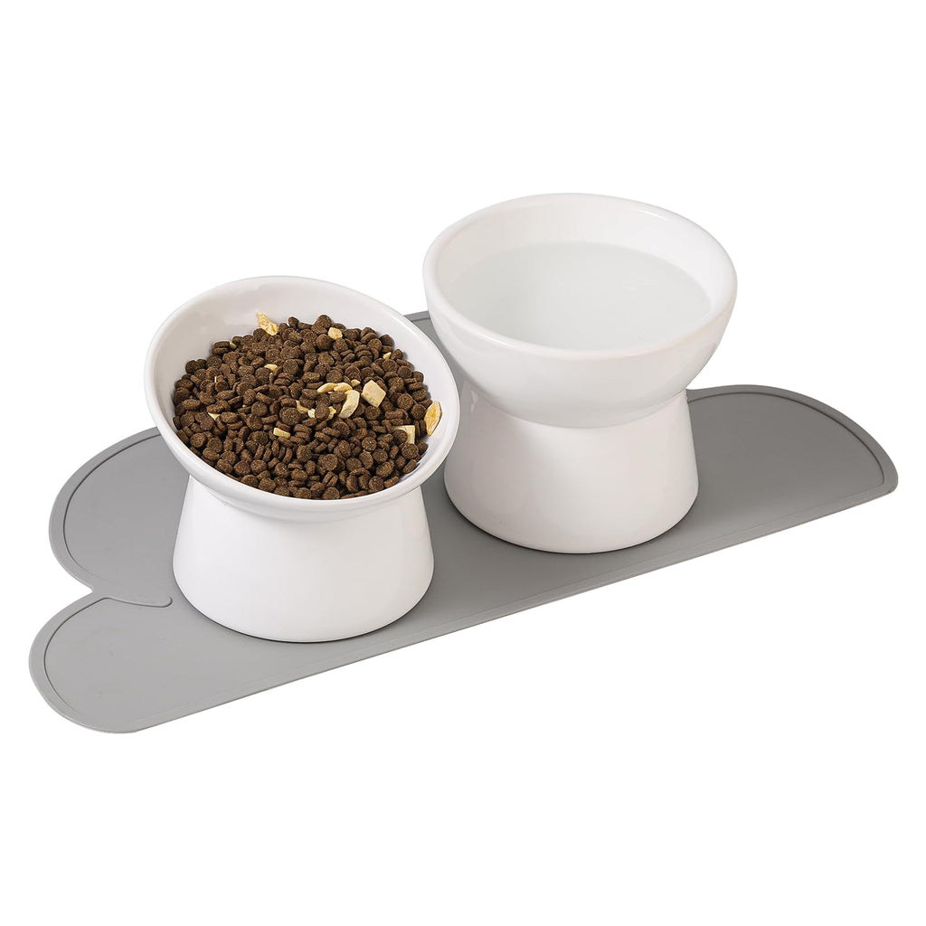Cat Food Water Bowl Set - Raised Ceramic Cat Feeding Bowls with Non Slip Mat - Elevated Cat Dishes Anti Vomiting - Extra Wide Large Cat Bowl Whisker Friendly - Microwave and Dishwasher Safe - 3 Pack